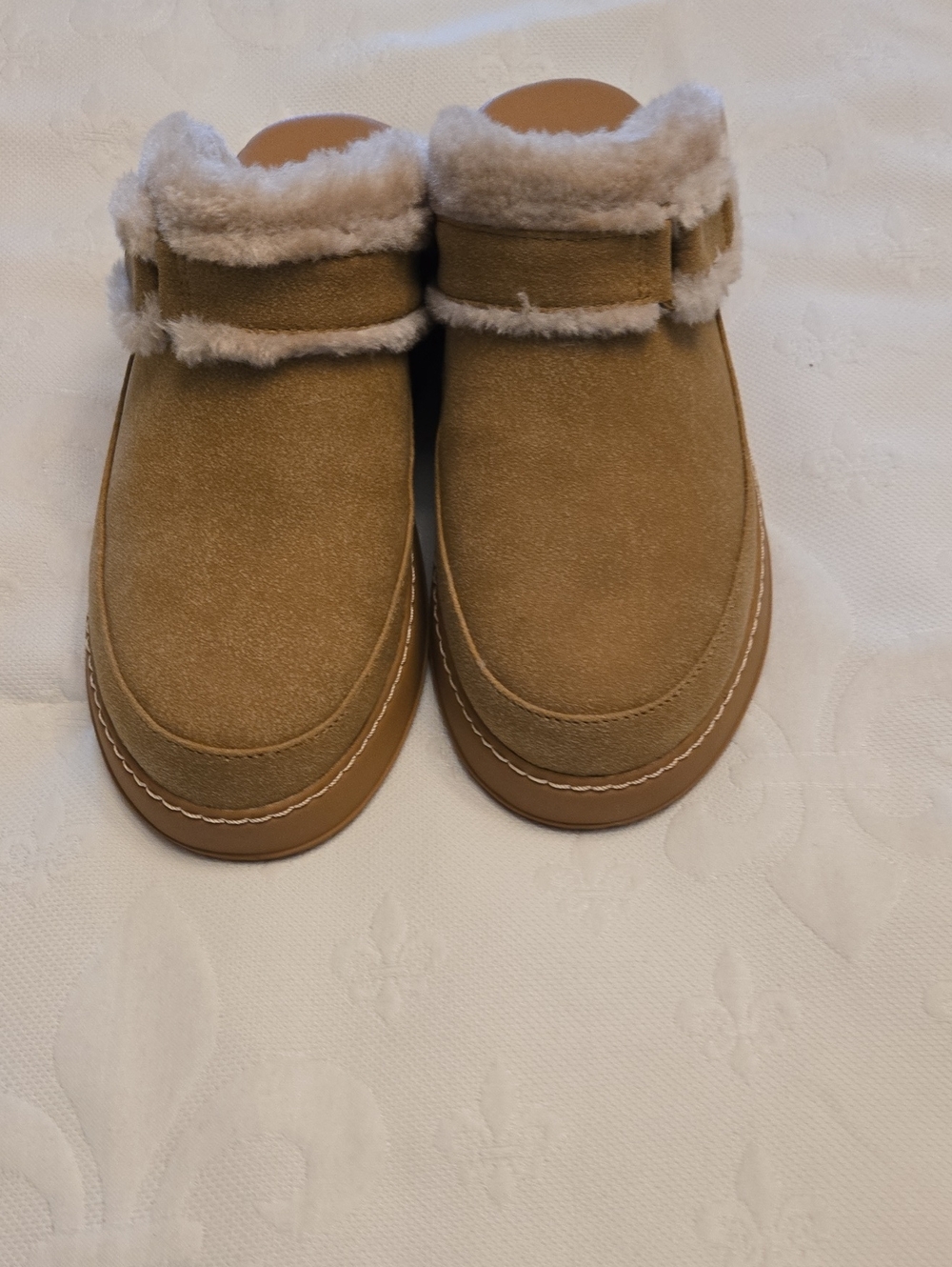 BareTraps Tan Suede Shearling-Trim Mules